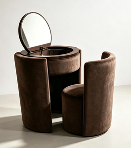 Ensemble coiffeuse moderne en bouclette crème avec miroir rabattable, tabouret et armoire pour chambre à coucher - Product Image 2