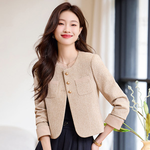 Beige Blazer For Women Spring Autumn 2024 Slim Fit Anti Wrinkle Solid Color Polyester Worsted Jacket - Product Image 1