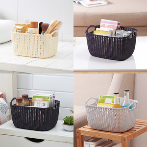 Imitation Rattan Storage Basket Rectangle With Handle Beige Coffee Gray S Size For Kitchen Bathroom Desktop Use - Product Image 3