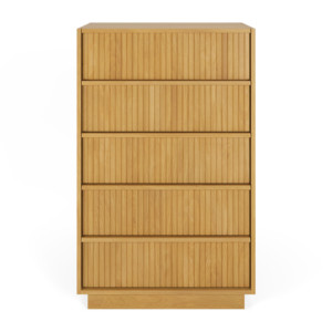 Commode en chêne naturel rainuré, taille personnalisable, 5 tiroirs, style Japandi, éco-responsable, armoire architecturale à lattes pour la maison - Product Image 5