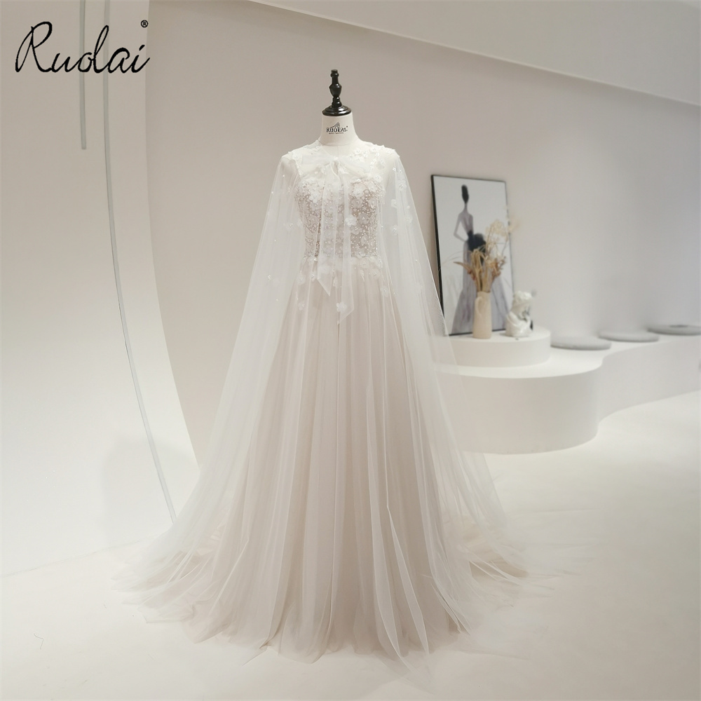 QW01197 Elegant Spaghetti Strap 3D-flower Bridal Dress Sweetheart Tulle Cape Beading Wedding Bride Dress