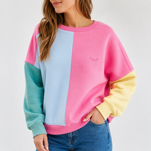 Sudadera Oversize de Mujer con Bloques de Color y Parches, Hombros Caídos, Cuello Redondo, Bordado Personalizado, Estilo Casual Holgado - Product Image 1