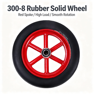300-8 Rubber Solid <b>Wheel</b> Red Spoke High Load Smooth Rotation Flat Type - Product Image 1