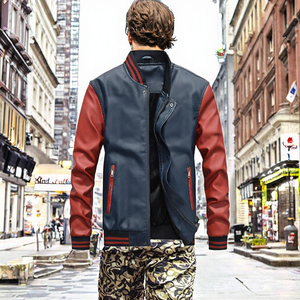 Men's PU Leather Jacket Baseball Collar Faux Leather Bomber <b>Coat</b> Zip Up Autumn Casual Outerwear - Product Image 3