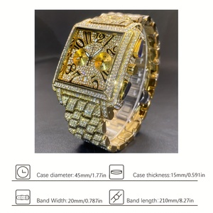 Orologio di Lusso Hip-Hop Dorato con Movimento <span class=keywords><strong>al</strong></span> <span class=keywords><strong>Quarzo</strong></span>, Calendario, Quadrante Quadrato, Numeri Romani e Lunetta con Strass Scintillanti - Product Image 3