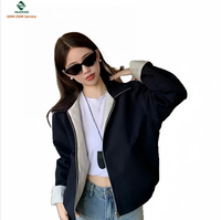 Model Baru Jaket Bomber Bergaris Dua Sisi Tipis Musim Semi Kerah Lipat Lengan Panjang Longgar Pendek Wanita