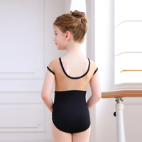 Justaucorps de ballet XY024 pour filles, noir, manches courtes, empiècements en maille, dos ouvert en U, justaucorps de danse pour enfants pour l'entraînement et les spectacles de ballet