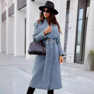 Abrigo de lana de manga larga con cuello en V y cinturón para mujer, talla grande, estilo casual para otoño e invierno, ideal para el trabajo u oficina, disponible para Dropshipping en Shopify - Product Image 4