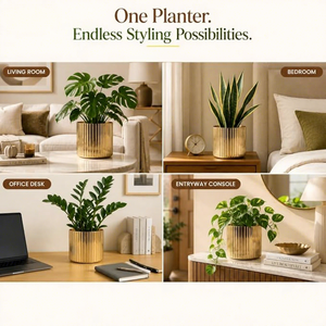 Maceta Cilíndrica Acanalada de Metal Dorado, Moderna y Lujosa para el Hogar - Product Image 2