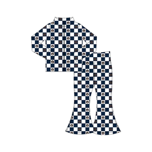 Customize Kids Girls <b>Checkered</b> School Team Game Day Sets Long Sleeve Zipper <b>Top</b> Flared Pants Sports 2pcs Outfits - Product Image 4