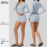 Ensemble de yoga 3 pièces écologique côtelé à rayures avec short, veste à fermetures éclair, en Spandex/Polyester, respirant, léger, taille mi-haute et grande taille