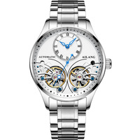 Montre automatique mécanique de luxe Hip Hop à double tourbillon, chronographe, squelette lumineux, bracelet en acier inoxydable et cuir, étanche