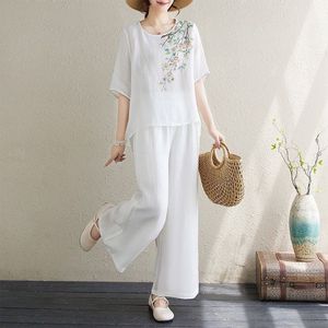 Traditional Chinese Style Women's Cotton Linen Two Piece Set Embroidered Top And Wide Leg Pants Casual Summer Outfit - Product Image 4