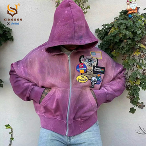 Nouvelle Veste Sweat à Capuche Zippée Style Urbain Personnalisée, Coupe Ample, Patchwork, Broderie, Effet Usé et Délavé à l'Acide - Product Image 3