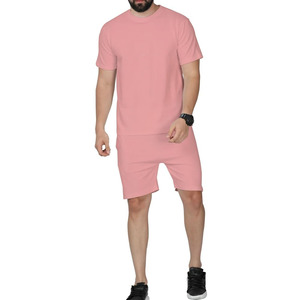 Ensemble assorti pour homme en coton 100 % respirant, léger, col rond, manches courtes, couleur unie, pour un usage quotidien estival. - Product Image 1