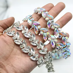 Glass Crystal Rhinestone Flower Chain Trim Sew On Nevette Claw Fitting Chain For Crafts Bridal Applique Clothing Necklace