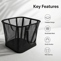 Panier à linge pliable en maille noire, organisateur de vêtements respirant, panier de rangement portable avec poignée en sangle