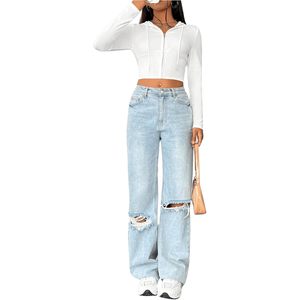 FOXA Women's <b>Zip</b> <b>Up</b> <b>Cropped</b> Hoodie Sweatshirt Long Sleeve Knitted Breathable Y2K Crop Top Casual Fall Outfit - Product Image 5