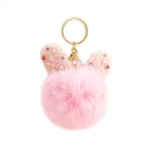 12 cm Rabbit Ears Fur Ball Bag Charms mit goldenem Schlüssel ring Pom Pom Fluffy Fur Ball Schlüssel bund für Auto Schlüssel ring, Charm Geschenk