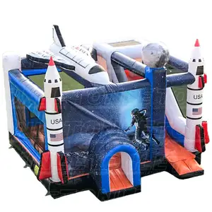 Customized Outer Space Rocket Theme Moonwalk Inflatable Castle With Slide Combo