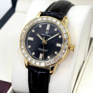 Montre à quartz étanche pour femme avec lunette en cristal de luxe, cadran champagne, boîtier doré, bracelet en cuir noir, montre élégante pour robe - Product Image 5