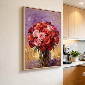 Impression d'art mural peinte à la main sur toile sur le thème de la nature morte florale avec des roses dans un vase bleu |   Toile encadrée pour décoration murale | - Product Image 2