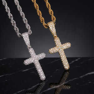 Collier pendentif croix Hip Hop, zircon incrusté, plaqué or rose et argent, chaîne corde pour soirée, bijoux chrétiens - Product Image 1