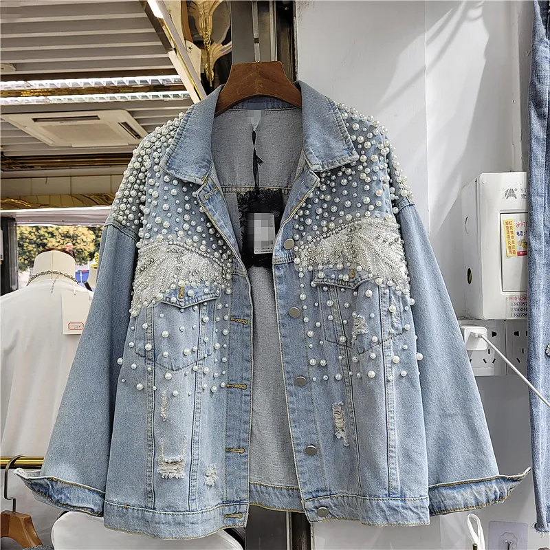 Denim Jacket Top for Women 2022 Spring and Autumn New Casual Jeans Jacket Exquisite Rhinestone Beaded Loose Slimming Denim Coat