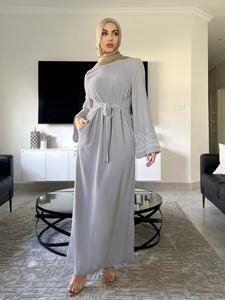 Light Grey Embroidered Sleeve Breathable Ankle Length <b>Abaya</b> Belted High Waist Tunic Modest Dress with Pockets for Muslim Women - Product Image 3