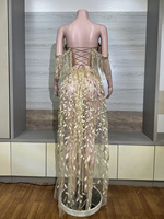 Robe longue en maille transparente à paillettes dorées motif feuille de saule, épaules dénudées, fente haute, pour Gala, concours de beauté, Drag Queen, costume de scène, vente en gros