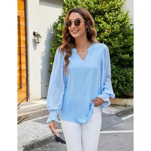 Blusa de Gasa con Cuello en V para Mujer, Manga Campana, Plisada, Elegante, Top de Primavera/Verano, Camisa Casual y Elegante - Product Image 3