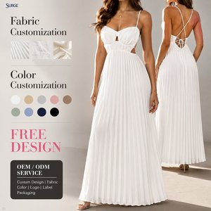 Abito lungo da donna personalizzato per l'estate, in poliestere e cotone, tinta unita, con scollo all'americana, senza maniche, con cut-out frontale, allacciatura e vita alta plissettata - Product Image 1