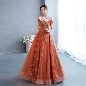 Off Shoulder Orange Evening Gown With Embroidery For Women Stage Performance Dress Long Puffy Skirt Formal Wear - Product Image 3