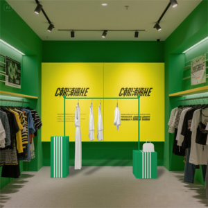 Expositor de Ropa Desmontable Ecológico Personalizable YuShang, de Acero Inoxidable Dorado con Fondo Verde y Rayas Blancas - Product Image 4