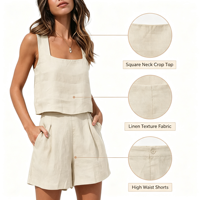 Ensemble deux pièces pour femmes VELAN avec logo personnalisé, tissu en lin blanc d'été, sans manches, ensembles décontractés pour femmes avec poche