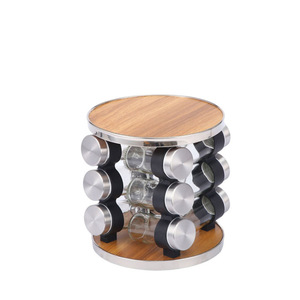 Estante de almacenamiento de condimentos de acero inoxidable con estante giratorio de madera para tarros de especias - Product Image 1