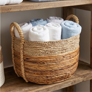 <b>Large</b> Round Two-Tone Wicker Storage <b>Basket</b> with Handles, Handwoven Natural Seagrass Laundry Hamper and Blanket Bin - Product Image 4