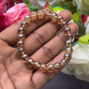 Golden Aura Quartz <b>Bracelet</b>: Round Gemstone Beads, Stretch <b>Bracelet</b> Unisex Classic Style Certified Anniversary Gift - Product Image 1