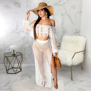 Ensemble de jupes 2 pièces à franges pour femmes-Short de bikini à pompons rose en crochet-Top court à épaules dénudées-Vêtements d'été-Robe de plage - Product Image 3
