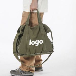 Sac bandoulière personnalisé en toile vintage à la mode avec logo sur mesure, grande capacité, effet effiloché, pour l'école et les loisirs - Product Image 1