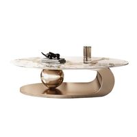 Moderner Design-Gold-Wohnzimmer-Luxus-Marmor-Couchtisch – Großer, Schlichter, Ovaler Steintisch mit Edelstahl-Gestell