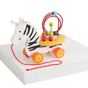 热卖斑马串珠木制玩具彩色滚轮玩具斑马滑珠玩具带音乐