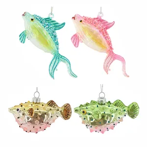 עיצוב חדש זכוכית זהב puffer דג צורה עץ חג מולד תליית קישוט מים מתוקים דגים בבית xmas