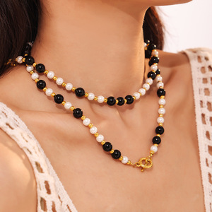 Kalung Bingxin Jewelry DIY Berkualitas Tinggi dengan Batu Akik Hitam dan Kerang Campuran, Berlapis Emas 18K dengan Gesper OT, Hadiah Trendi - Product Image 2