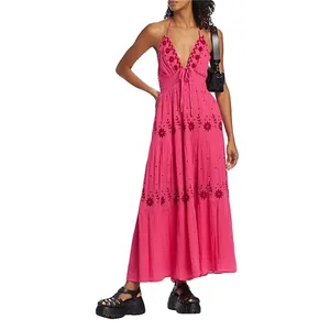 Vestido estético de playa 2000S Mujeres Flor Bordado Correa de espagueti Sin mangas Vestidos sin espalda Vestidos de fiesta bohemios - Product Image 3