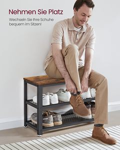 SENYU Banc de rangement à chaussures à 3 niveaux avec étagères en maille métallique et siège, organisateur de chaussures autoportant pour entrée - Product Image 3