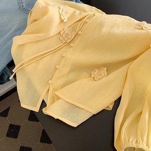 Premium Feeling 3D <span class=keywords><strong>cravatta</strong></span> floreale a manica lunga da <span class=keywords><strong>donna</strong></span> camicetta gialla top <span class=keywords><strong>camicia</strong></span> alla moda - Product Image 3