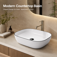 Lavabo de salle de bain moderne et minimaliste en granit blanc de luxe avec rebord noir artistique, capacité 12L, égouttoir, vasque à poser pour projets hôteliers
