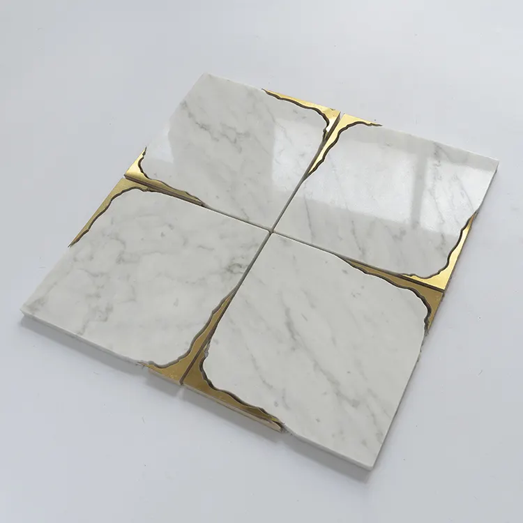 Carrara White Square Marble Mosaic Tile Metal Brass Tile Polished Kitchen Bathroom Backsplash