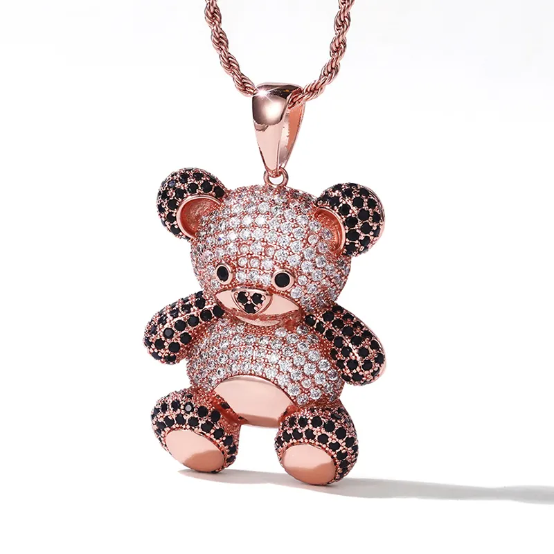 CAOSHI 18K Rose Gold New Design Cute Bear Animal Pendant Black White Stone Twist Rope Chain Wholesale Hip Hop Jewelry Necklace